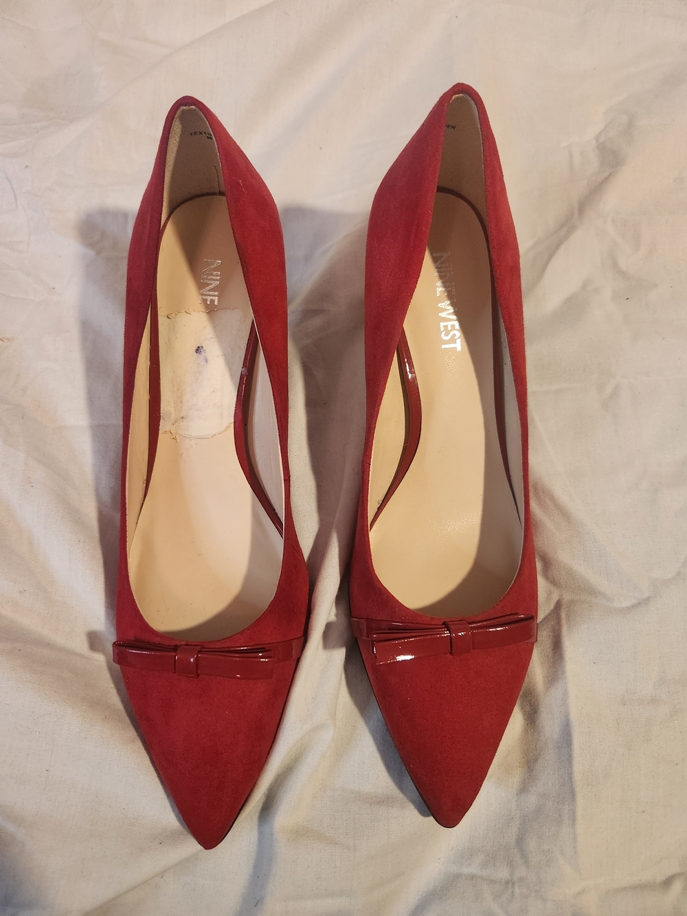 Nine West Red Suede Pointed Toe Pumps with Bow Accent